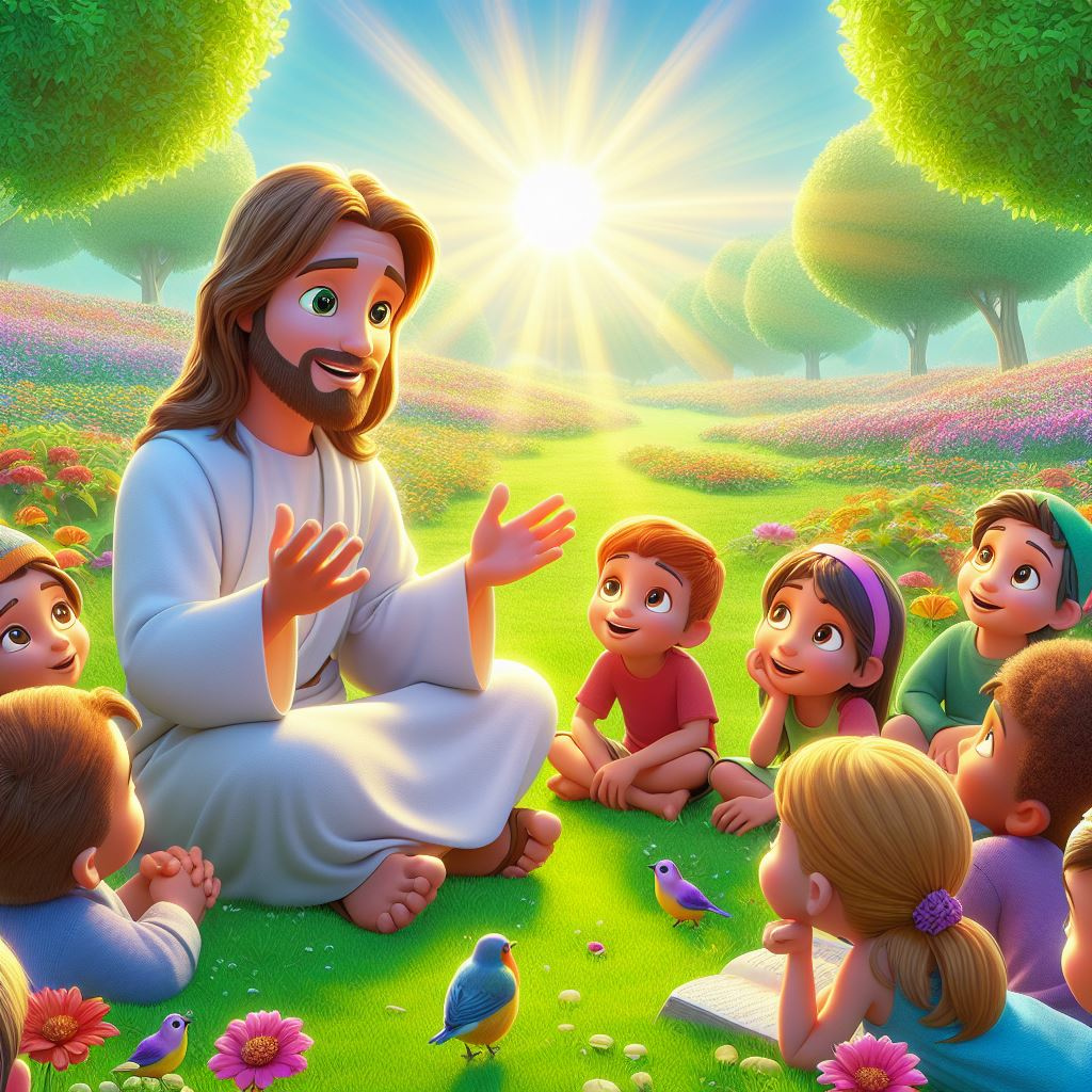Ilustração de Jesus conversando com crianças em um jardim.