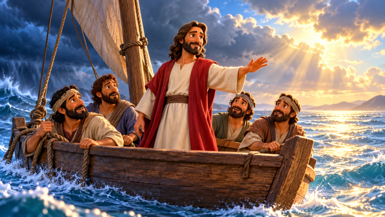 Jesus em um barco com os discípulos, estendendo a mão enquanto o mar começa a se acalmar.