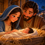 Maria e José ao lado do menino Jesus na manjedoura, em uma ilustração do nascimento de Jesus.