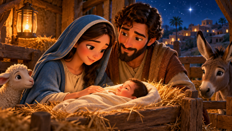 Maria e José ao lado do menino Jesus na manjedoura, em uma ilustração do nascimento de Jesus.