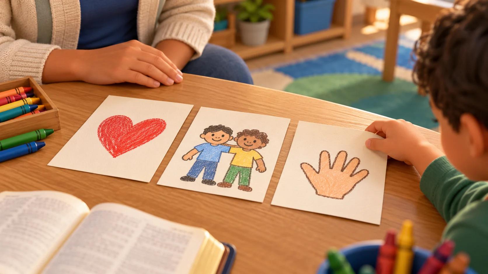 Três cartões com desenhos de coração, duas pessoas e uma mão apoiam uma conversa sobre oração.