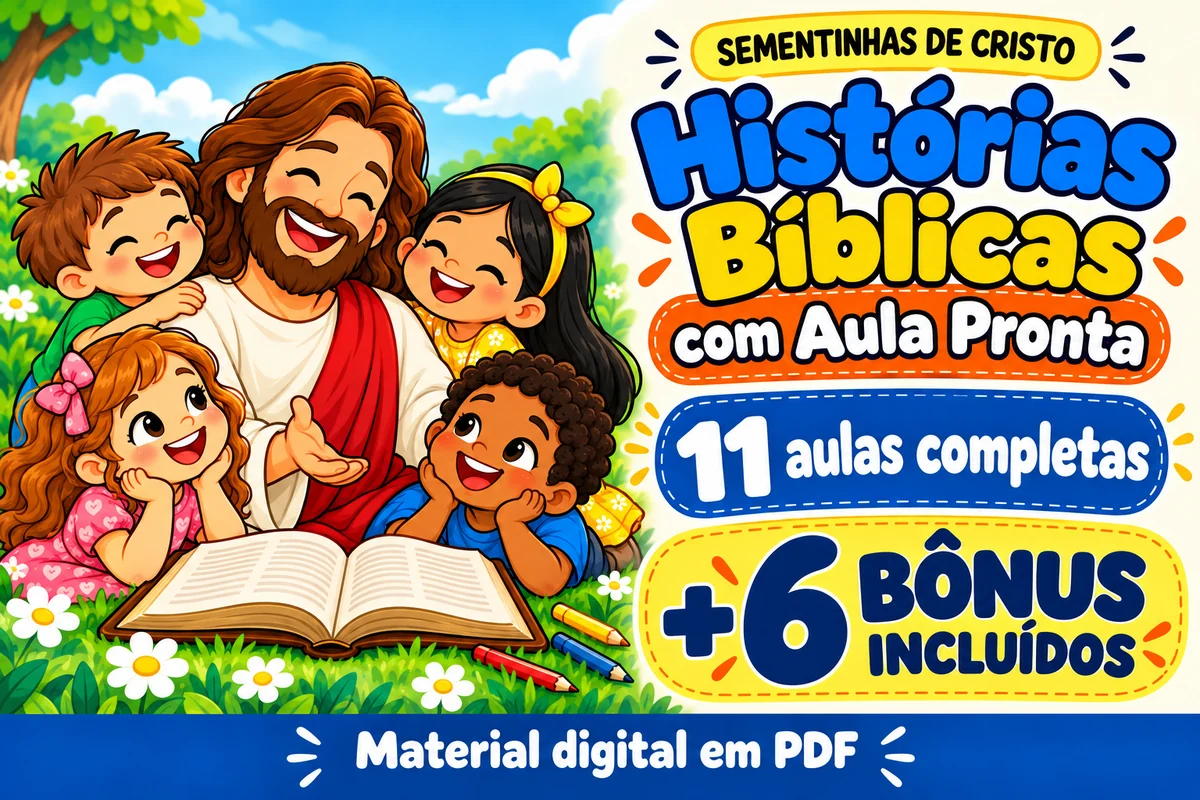 Histórias Bíblicas com Aula Pronta: 11 aulas completas e 6 bônus incluídos, com Jesus e crianças reunidos em torno de uma Bíblia.