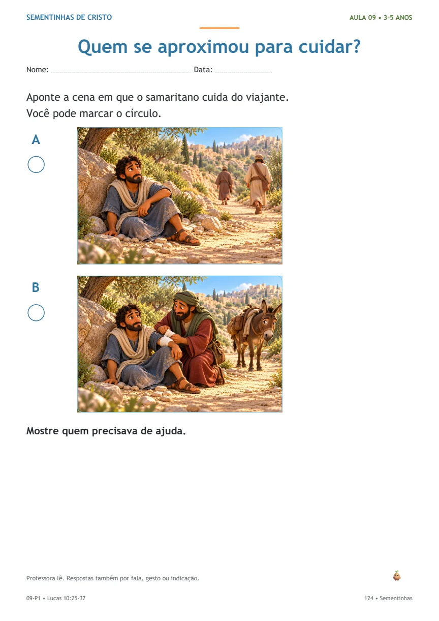 Página real de atividade do samaritano para crianças de 3–5 anos.