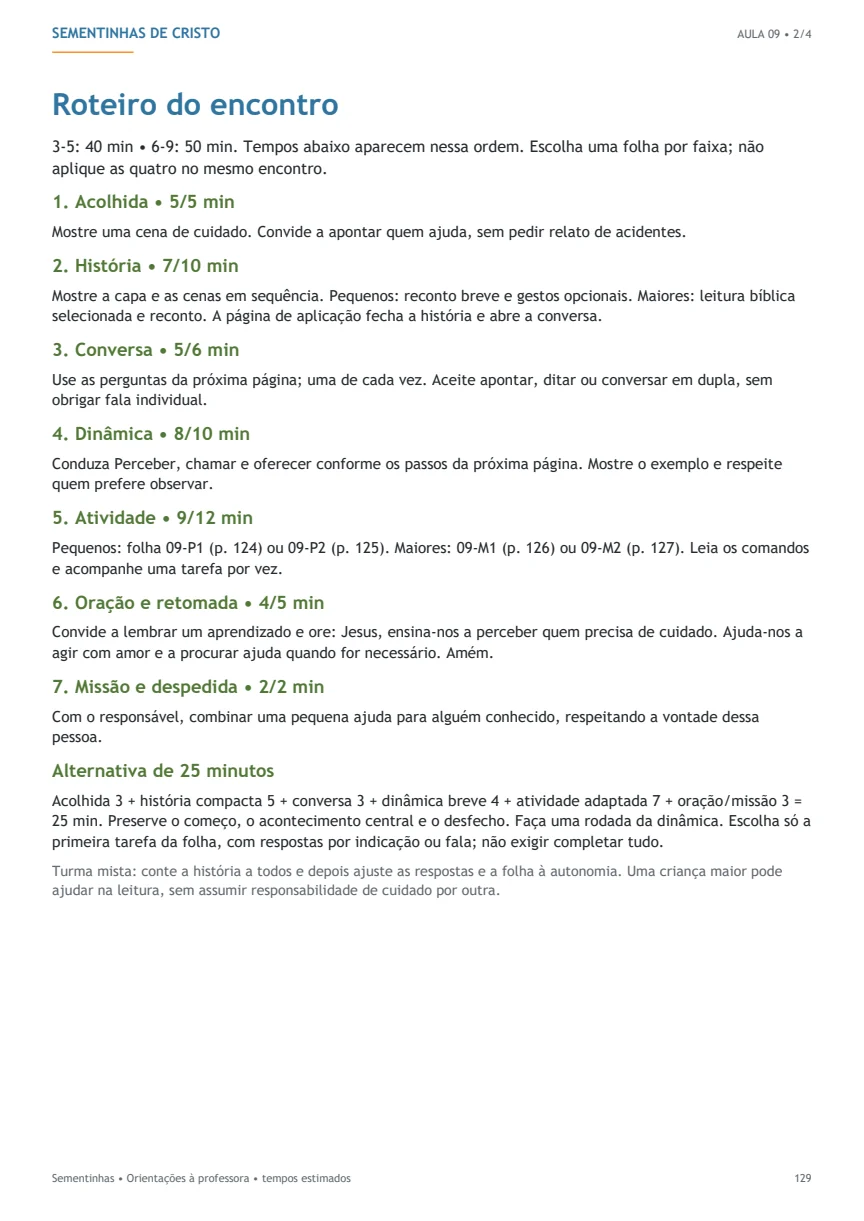Página real de roteiro da aula do samaritano, com etapas e tempos.