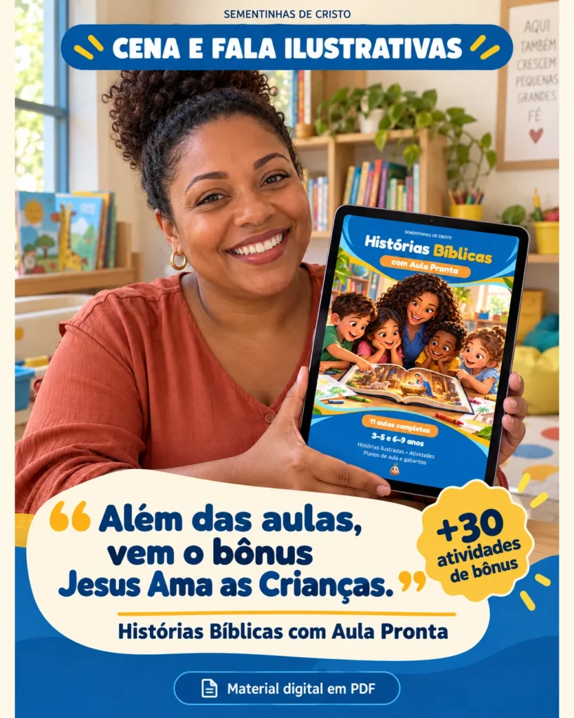 Imagem ilustrativa de professora usando materiais bíblicos Sementinhas de Cristo