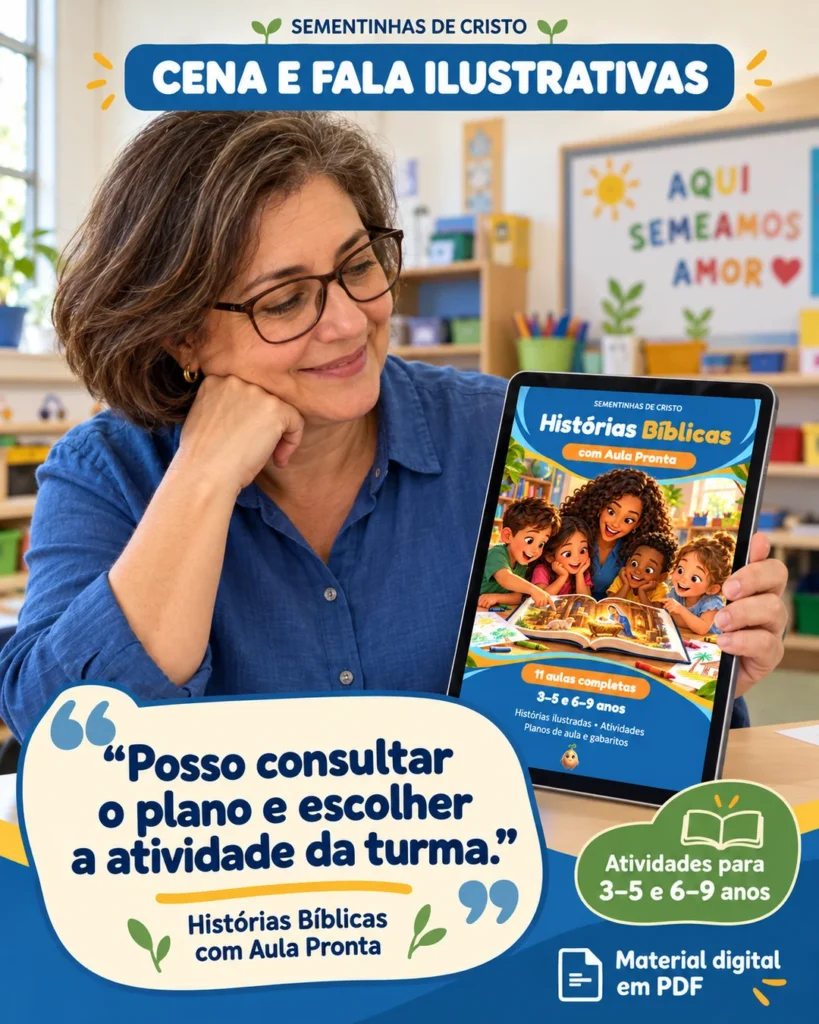Imagem ilustrativa de professora com recursos para ensinar crianças de diferentes idades