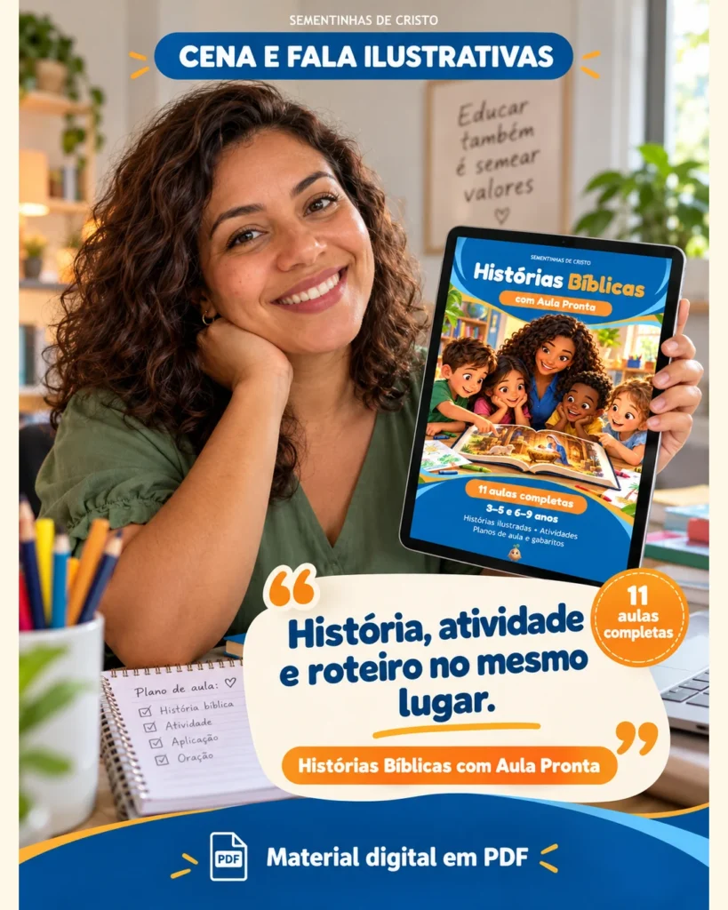 Imagem ilustrativa de professora preparando uma aula com materiais bíblicos