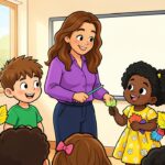 Ilustração em estilo cartoon 2D de uma professora sorrindo com blusa roxa, ensinando a quatro crianças em uma sala de aula enquanto seguram folhas coloridas.