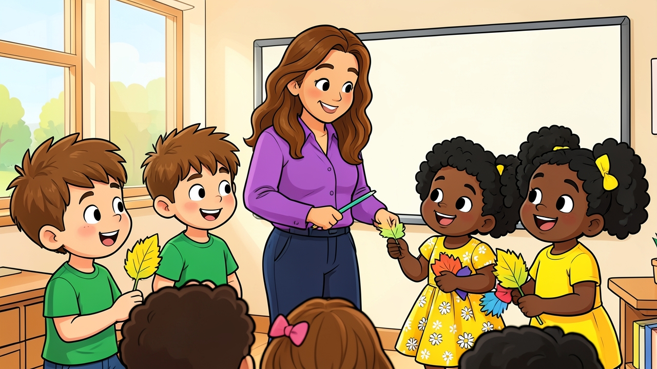 Ilustração em estilo cartoon 2D de uma professora sorrindo com blusa roxa, ensinando a quatro crianças em uma sala de aula enquanto seguram folhas coloridas.