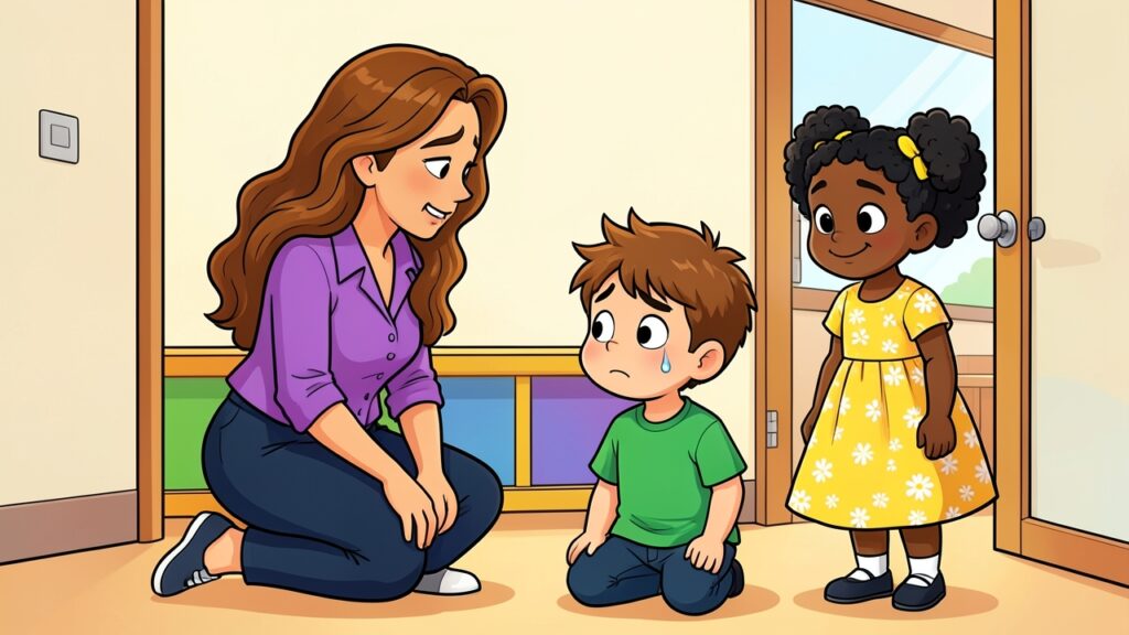 Ilustração em cartoon 2D de uma professora de cabelos castanhos e blusa roxa ajoelhada conversando com um menino de camiseta verde que chora. Ao lado, uma menina negra com vestido amarelo floral sorri.