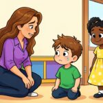 Ilustração em cartoon 2D de uma professora de cabelos castanhos e blusa roxa ajoelhada conversando com um menino de camiseta verde que chora. Ao lado, uma menina negra com vestido amarelo floral sorri.