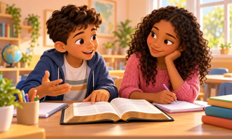 Pré-adolescentes de 9 a 12 anos conversando sobre a Bíblia com seus cadernos.